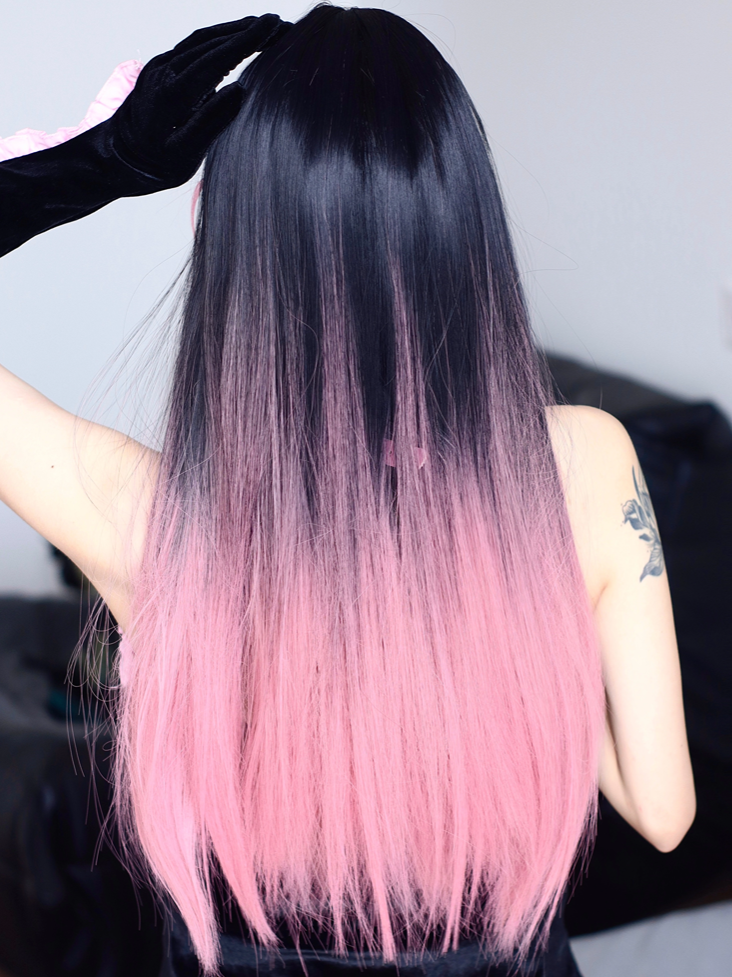 Straight Pink Wig Bangs Black Ombre Air with and 68CM