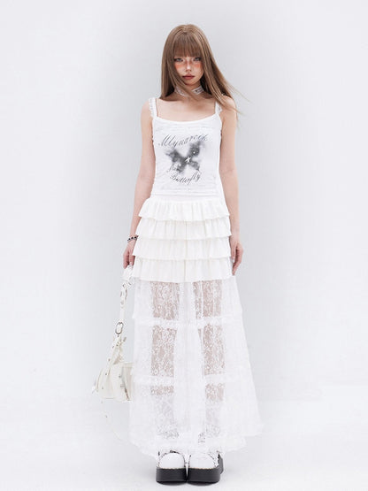 ロングホワイトレーススカート裾フリルティアード