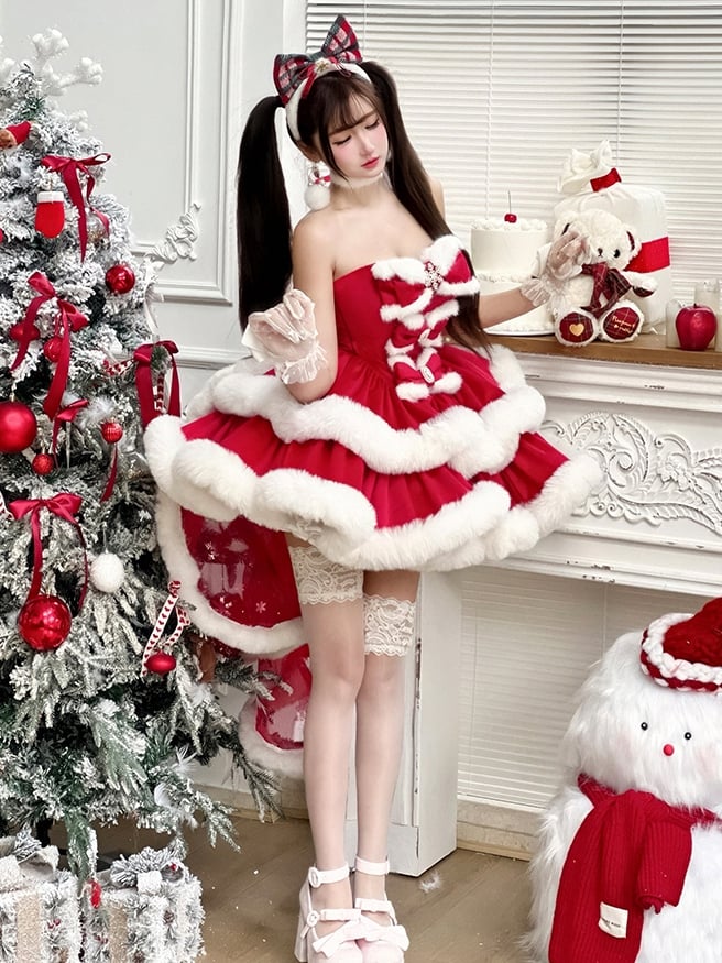 Red Christmas Snowflake Bows Decorated Bodice Winter Plush Trimming Strapless Dress
