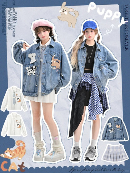 Wash Distressed Denim Jacket with Detachable Puppy Brooches Blue Faded