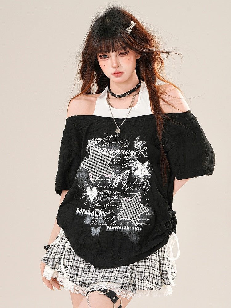 Star Pattern And Glamorous Black Letter Plaid Bittersweet