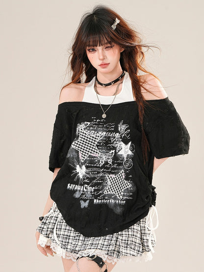 Star Pattern And Glamorous Black Letter Plaid Bittersweet