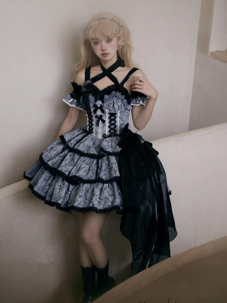 Dress Lolita Multi-Layered Texture with Dark Blue Skirt and JSK Floral Black