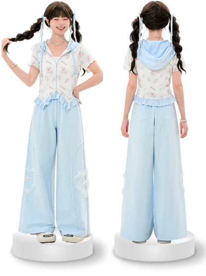 ジップアップフード付きキュートなキティプリントカーブヘムレースブルートリムTシャツ