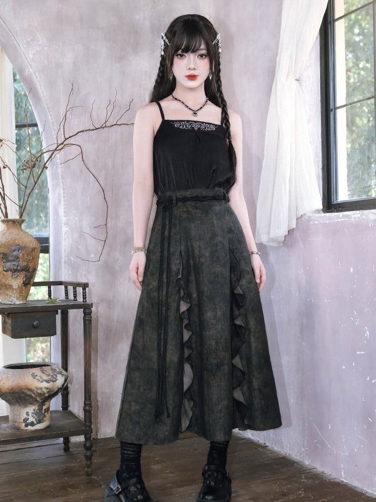 Chinese Gothic Black Cami Top with Deer Embroidery - Quirky Hut