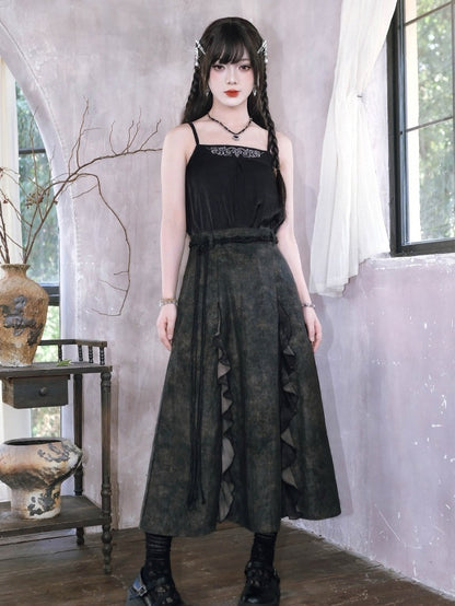 Chinese Gothic Black Cami Top with Deer Embroidery - Quirky Hut