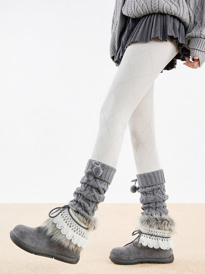 Knit with 5-Color Leg Warmers Detail Cable Bow Pom-Pom