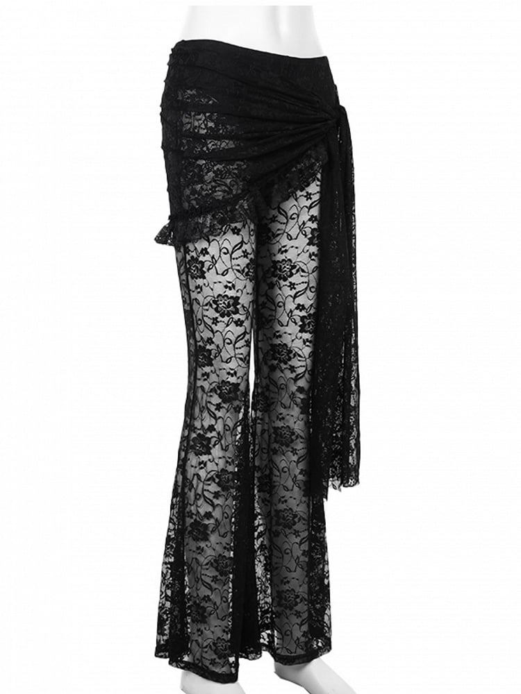 Flare Gothic Black Set: Halloween Floral Draped Embroidered Skirt Pants + with Asymmetrical Tie