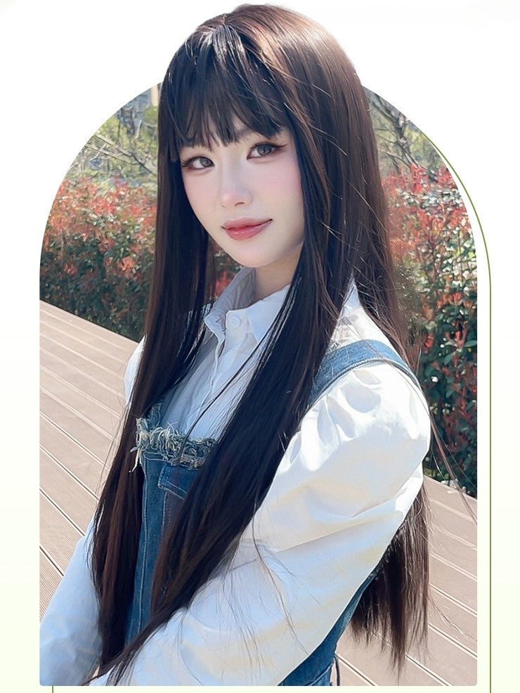 Black Bangs With Straight Length Wig 75CM