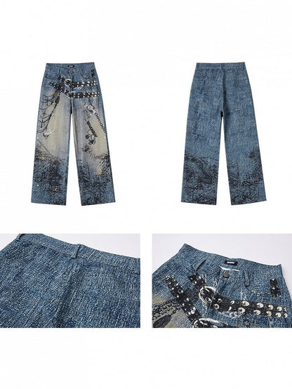Wide-Leg Cuff Blue Belt Black + Charm Y2K Print Punk Cross Splatter with Jeans