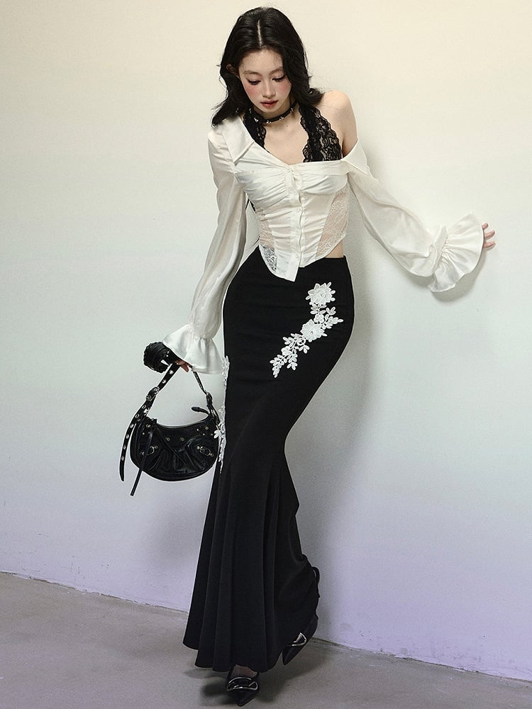 ブラックフローラル刺繍ハイウエストマーメイドスカート