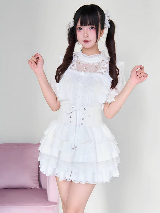 Lace-up Lace-Trimmed Kei Corset Skirt Detail Style Smocked Waist White Back Tiered Jirai