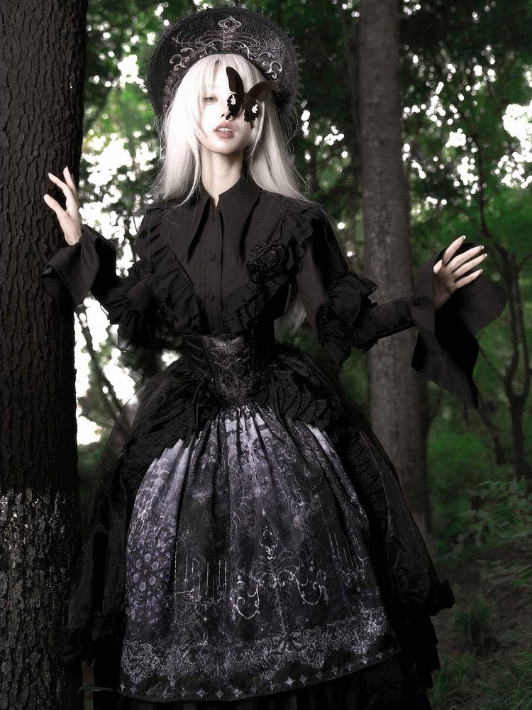 Sleeves Collar Lolita Long Shirt with Ruffles Black Sharp Gothic