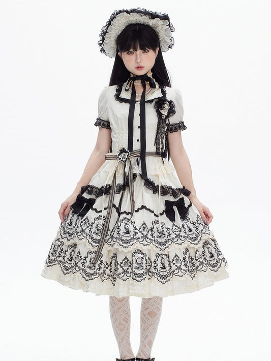 White Blouse Trim Black Lolita Pattern Scalloped Edge with Skirt Puff + Elegant Layered Rabbit Sleeves Set