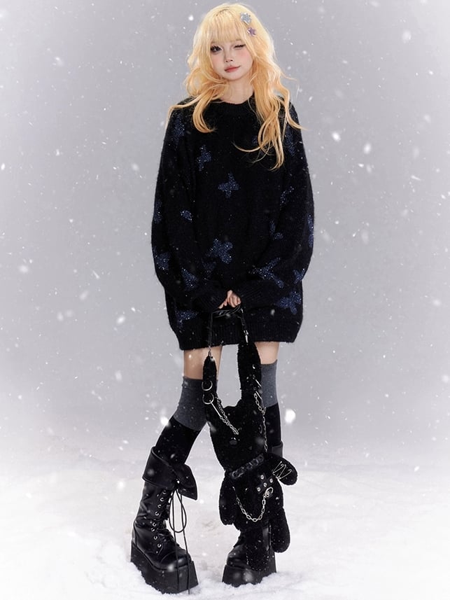 ブラックバタフライラインストーンルーズセーター