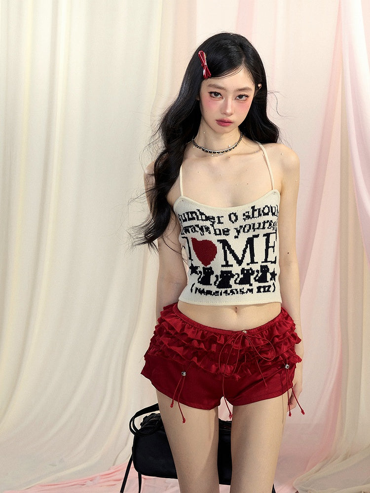 Cropped Top mit Buchstaben-Print, glamourös, Pink/Schwarz/Apricot, Neckholder