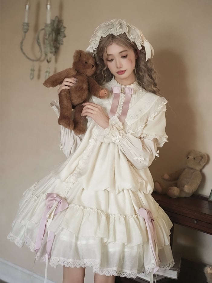 und Design Taille Rosa Kordelzug Mode Gürtel Kleid mit Beige Lolita Vielseitige Schleifen