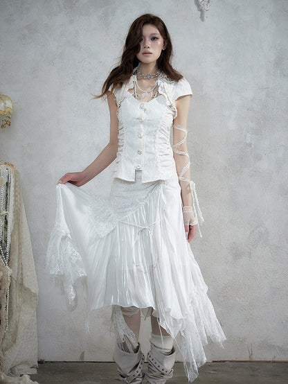 Punk Faux Two-Piece Short Sleeve Blouse in White with Lace and Ruffle Accents - NO ROMANCE