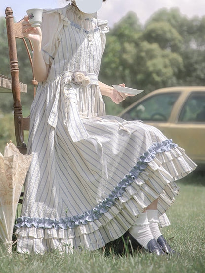 Waistbelt Flutter with Blue Striped Beige Sleeves and Dress