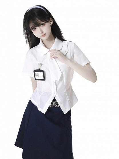 ホワイトピーターパンカラー半袖シャツネクタイとホルダーカード付き