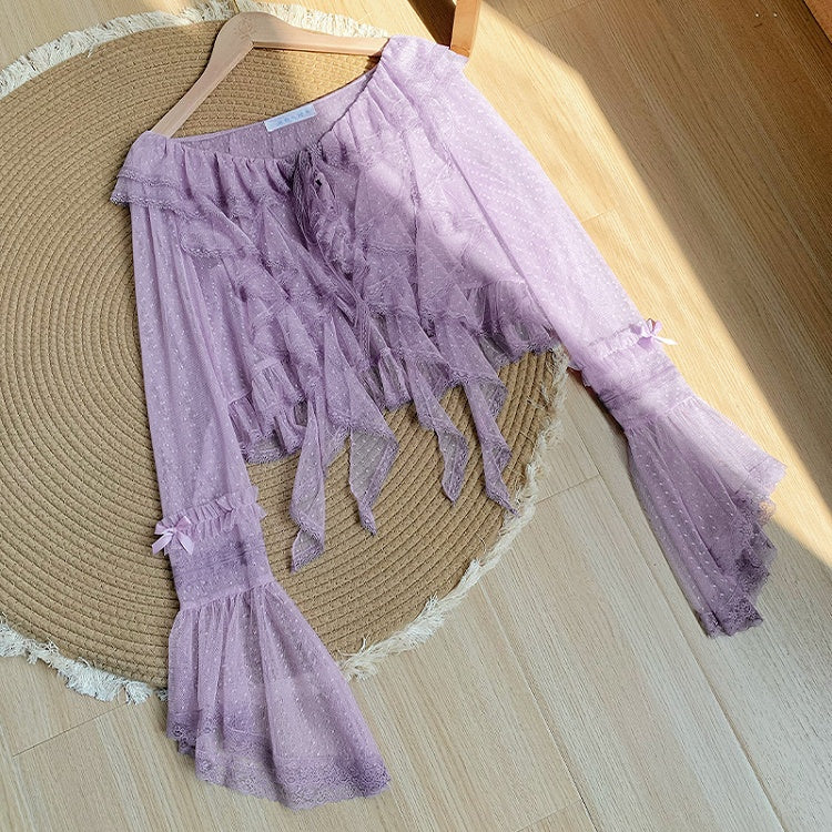 Purple Sheer Ruffle Top Sleeves Trim Dotted Cascading Long Tulle