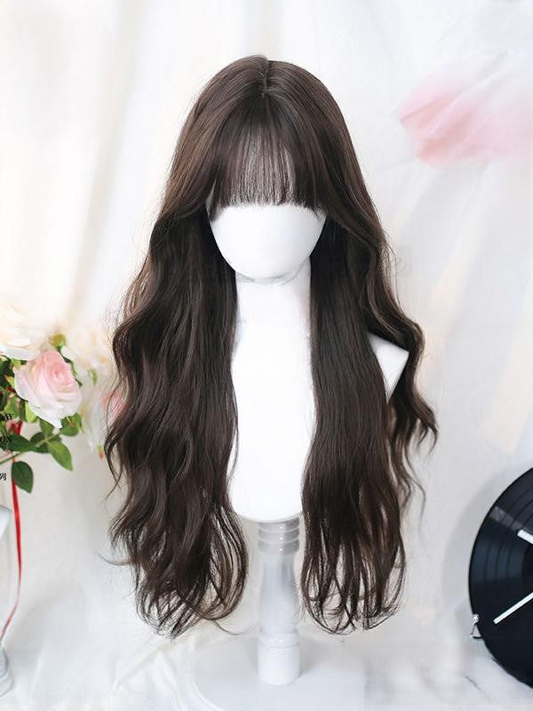 Dark Brown Air Bangs Under Bust Length Wavy Wig
