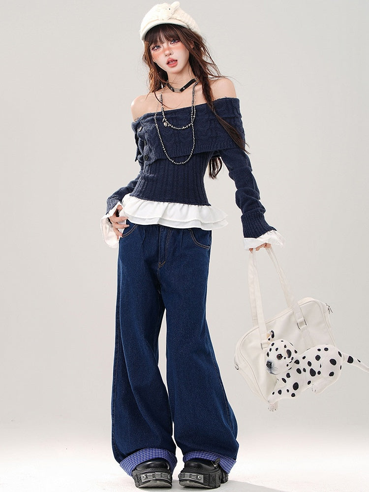 Grey/Navy Blue Off-the-shoulder Neckline Slim-fit Sweater Patchwork Hem and Cuffs