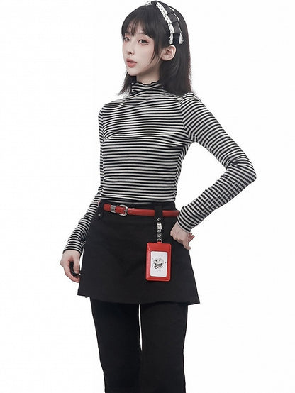 Striped Long Sleeve Base Layer Top in Light Gray and Black - PINK SAVIOR