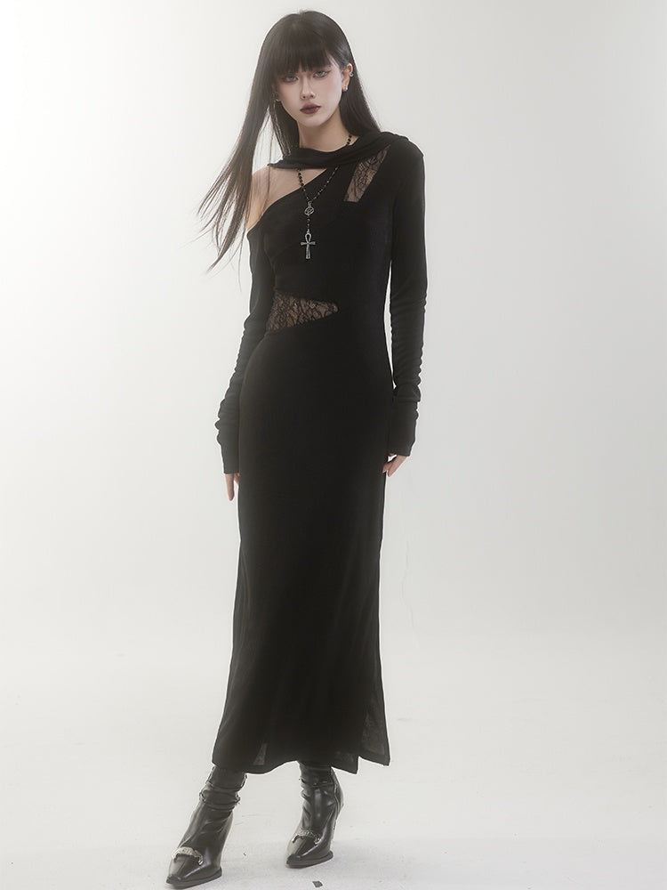 Black Gothic Asymmetrical Neckline Cutout Details Sheath Dress