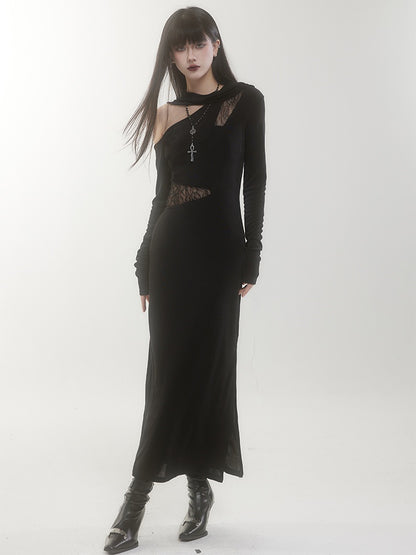 Black Gothic Asymmetrical Neckline Cutout Details Sheath Dress