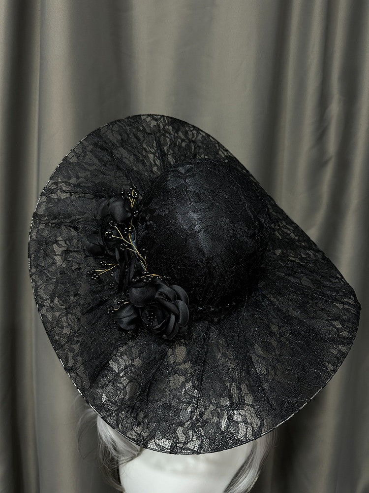 Gothic Lace Hat with Floral Accents - Custom Made Earrings