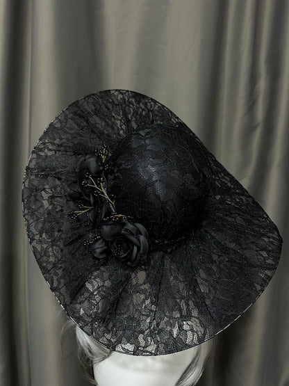 Gothic Lace Hat with Floral Accents - Custom Made Earrings