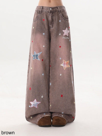 5-Color Casual Distressed Straight Jeans with Star Embroidery Decoration - Rayohopp