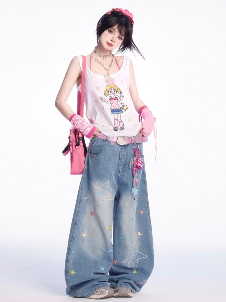 Tank Top Manga Girl Print Weiß Locker