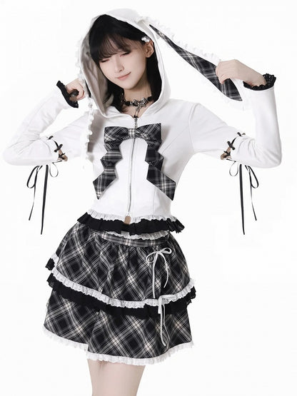 Schnürung, Spitzenbesatz, Hasenohren, weiß/schwarzes Design, Kapuze, Reißverschluss, Kapuzenärmel, abnehmbar