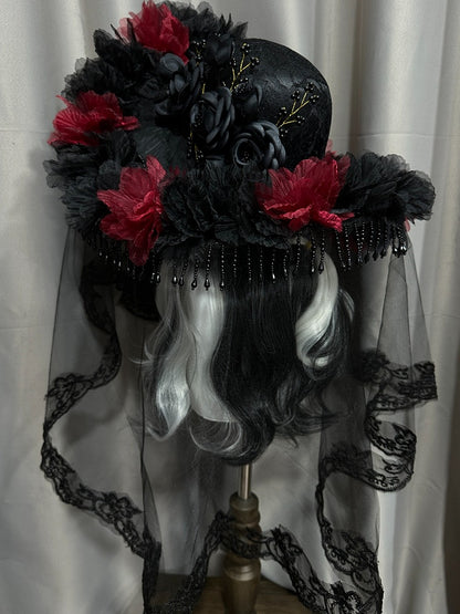 Black Red Gothic Floral Long Lace Trim Hat Beaded Tassel - Custom Made Earrings