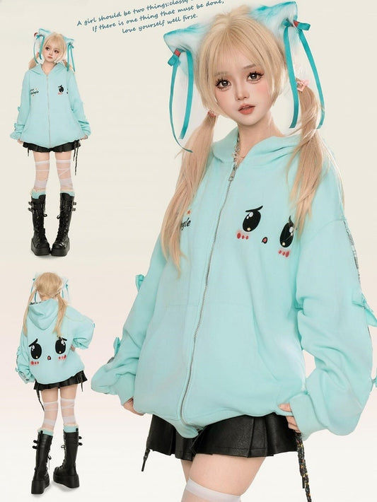 Süßer Yami Kawaii Türkisblau/Pink Zip Hoodie mit traurigen Augen