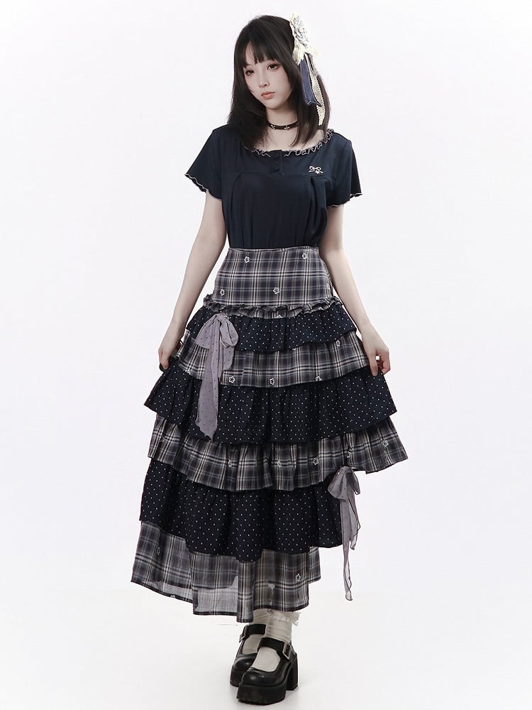 Black Dusty Purple Asymmetrical Tiered Long Skirt Plaid Polka Dot - PINK SAVIOR