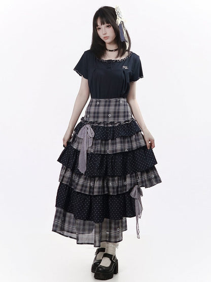 Black Dusty Purple Asymmetrical Tiered Long Skirt Plaid Polka Dot - PINK SAVIOR