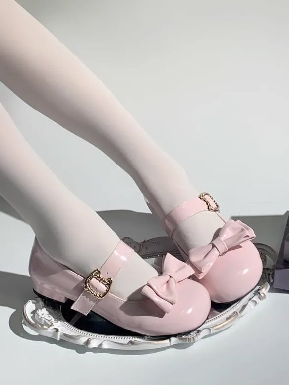 PU Bow 2cm Heeled with Detachble Jane Clips Mary Cat-shaped Buckle Round-toe Pink