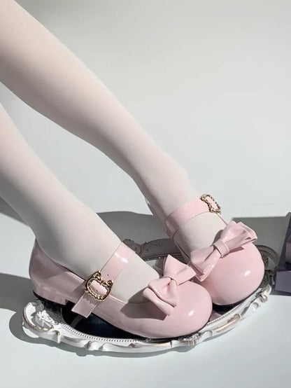 PU Bow 2cm Heeled with Detachble Jane Clips Mary Cat-shaped Buckle Round-toe Pink