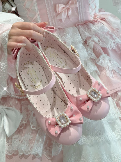 ジェーンズ ボウノット ラインストーン装飾 ラウンド メアリー ロリータ ディテール ビーズトゥ ピンク