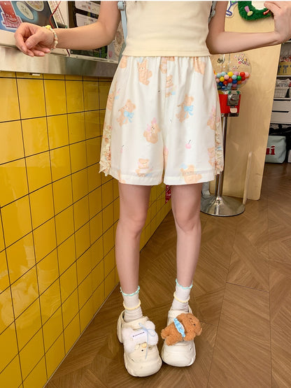 Shorts Hellgelb Elastische Taille Niedlicher Bärendruck Lässig