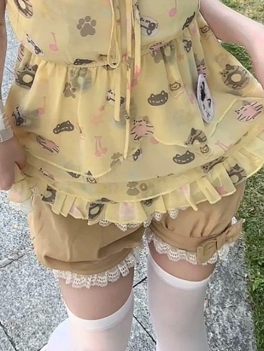 Shorts Lace Kawaii Bubble with Daily Khaki Trim