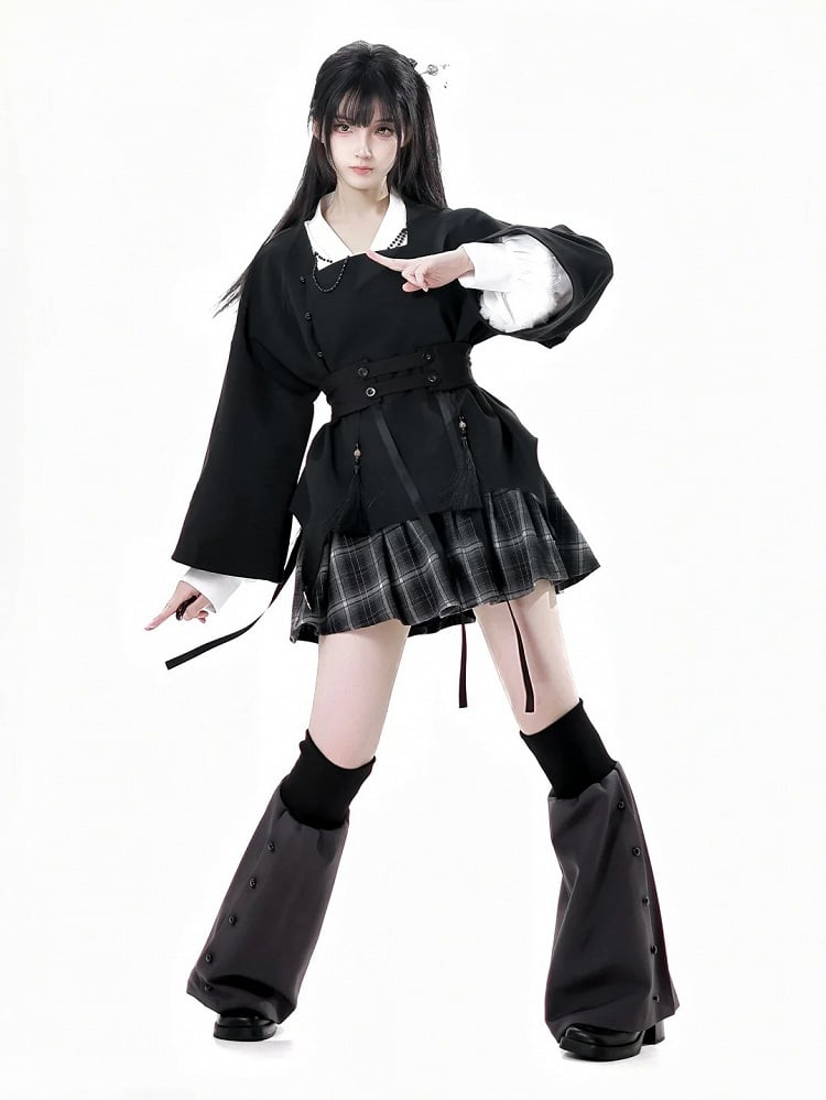 チャイナドレス カフス トップチェーン付き ビーズスタイル ブラック/グレー スクエアネックライン 刺繍入り