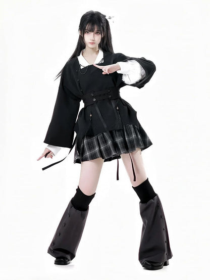 チャイナドレス カフス トップチェーン付き ビーズスタイル ブラック/グレー スクエアネックライン 刺繍入り