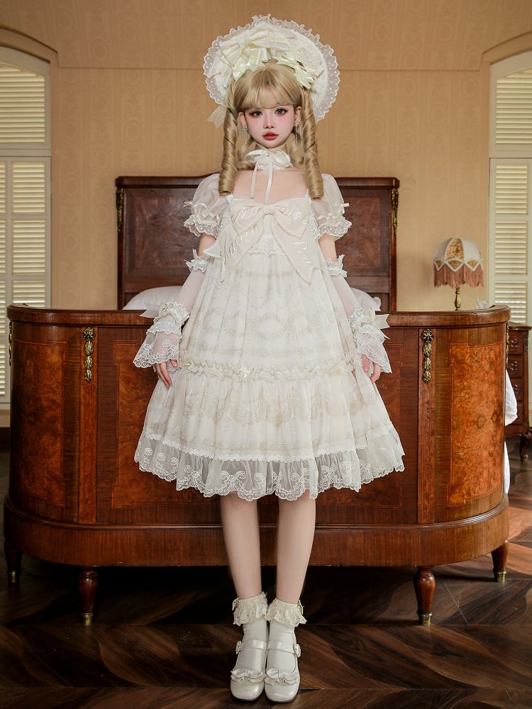 Ärmel bestickt Print Schleife Creme Ausschnitt Kleid Puff Lolita Weiß Big Creamy