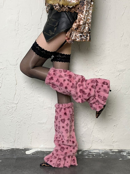 ローズピンクのY2Kレオパードレッグウォーマー
