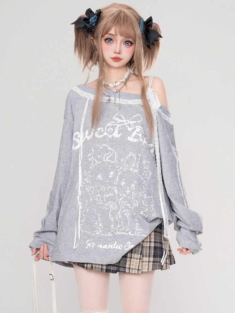 Grey Cartoon Lace Accents Asymmetrical Neckline Top