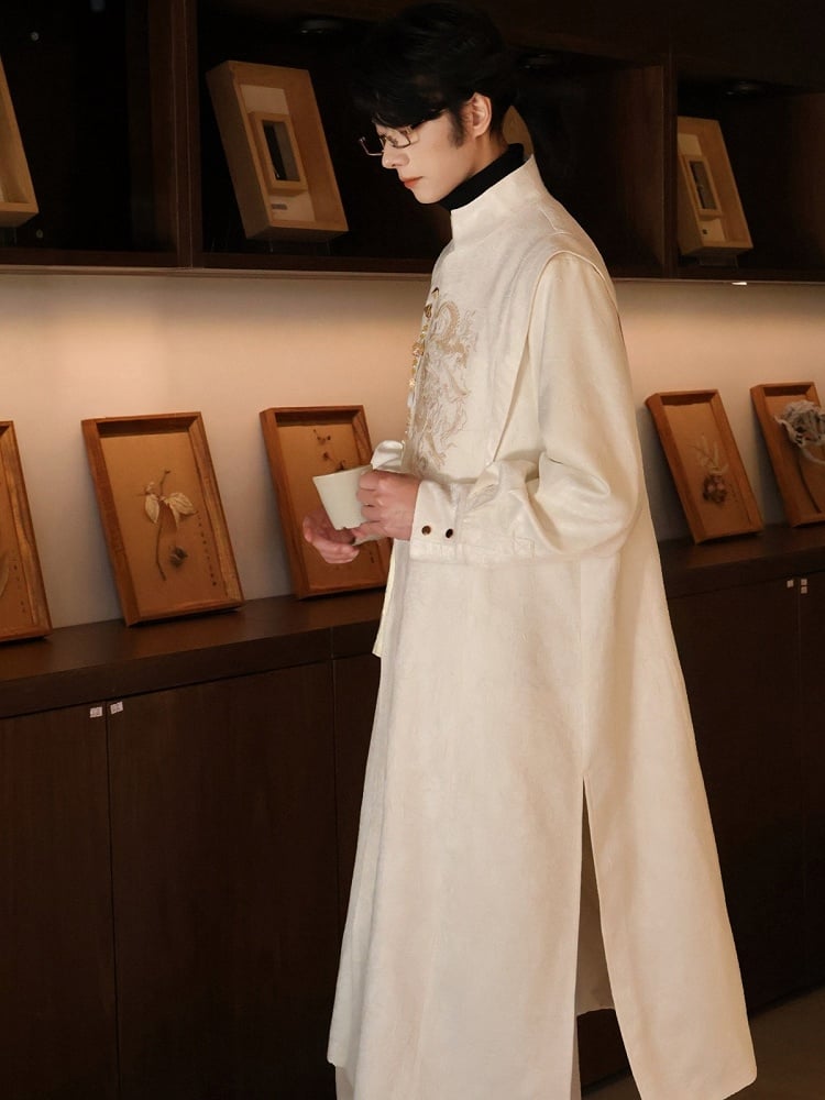Beige Trench Coat with Dragon Embroidery, Mandarin Collar & Removable Tassel Accent - Feng Hua Gui Guo Ling